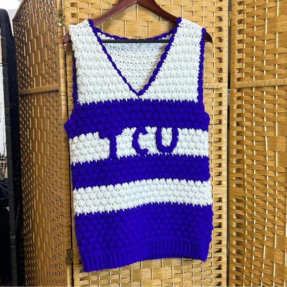 Handmade TCU Texas Christian University purple white sweater vest small medium - Picture 1 of 6